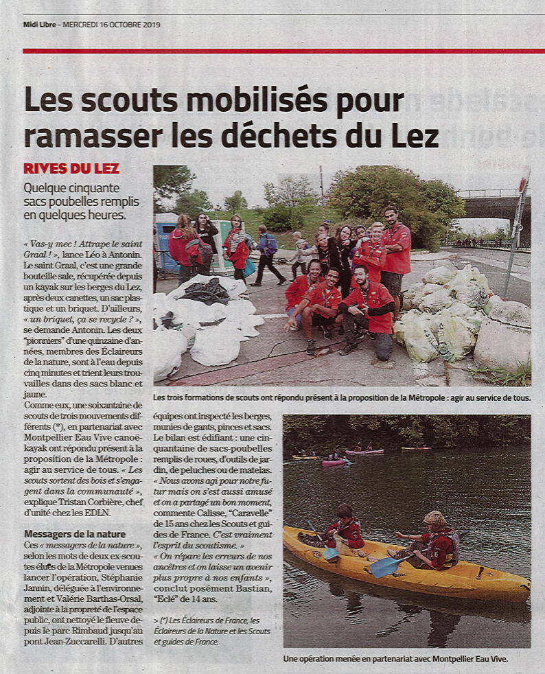 Article de Midi Libre sur le nettoyage des berges du Lez à Montpellier par divers mouvements de scouts, octobre 2019